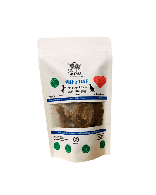 Package of Astara Surf & Turf dog treats on a white background