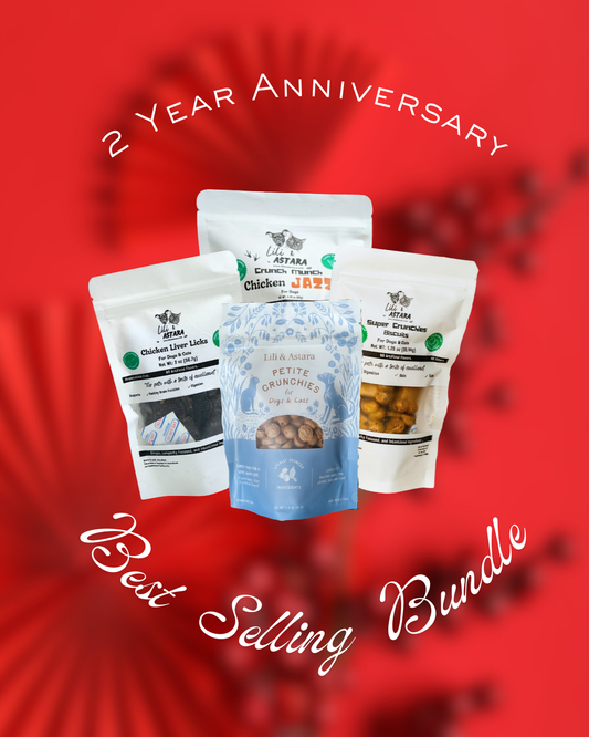 Three bags of Lili and Astara pet food on a red background with text about a 2-year anniversary and best-selling bundle.