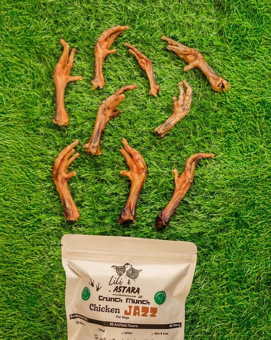 Package of Life Astara organic chicken jerky on a green grass background