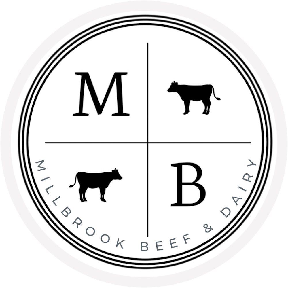 Logo of Millbrook Beef & Dairy with 'M' and 'B' initials and cow illustrations.